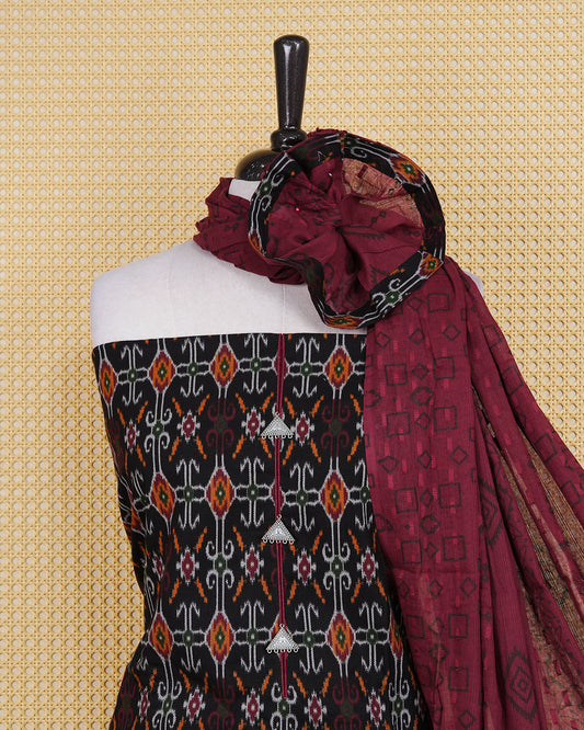 Black Colour Cotton Salwar Material Featuring Print Pattern on body, Paired With Matching Bottom & Elegant Dupatta