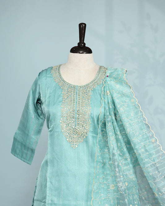 Mint colour salwar set with Sequins & thread work on top, paired with matching bottom & Dupatta.