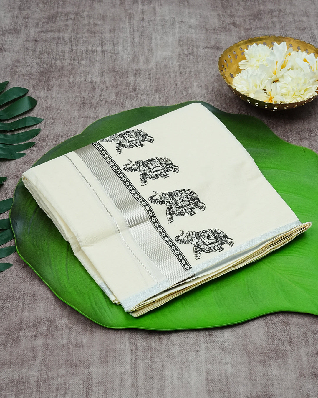 Cream Coloured Cotton Double Dhoti Finished with Black Colour Elephant Printed Silver Kara