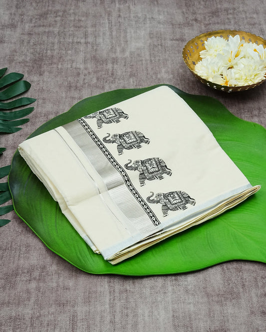 Cream Coloured Cotton Double Dhoti Finished with Black Colour Elephant Printed Silver Kara