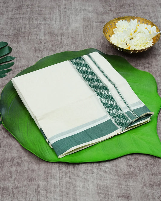 Cream Coloured Cotton Double Dhoti Finished with  Black Temple Printed Silver Kara