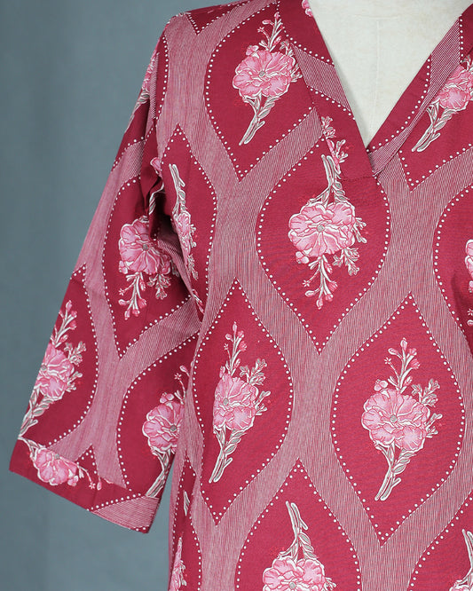 Maroon Colour Kurti featuring print Work On body , a V neckline, With sleeve.