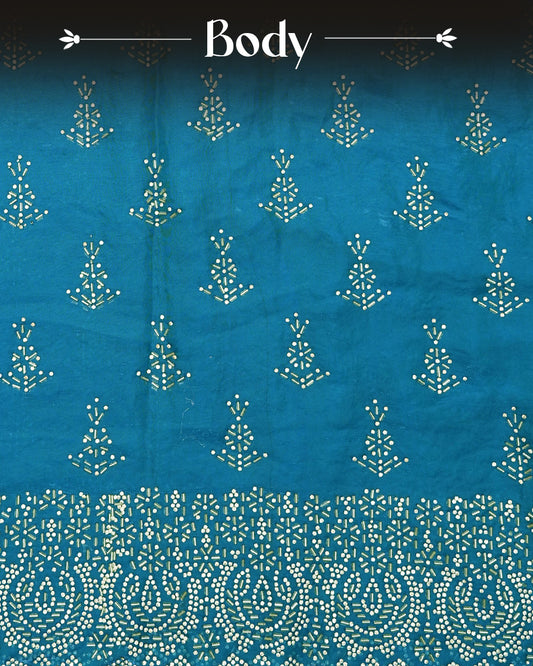 Blue colour Velvet chiffon designer saree featuring Stone & Cut beats work on body,and border, comes with matching blouse piece.