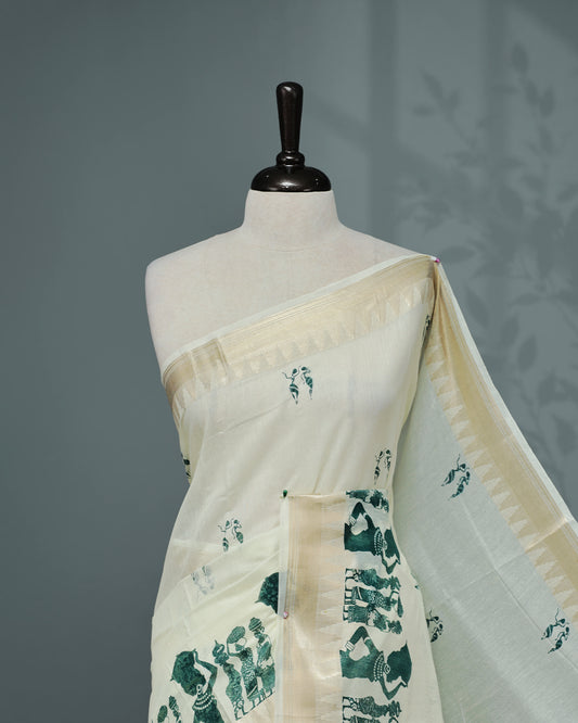 Cream colour Semi chanderi kerala saree featuring Green colour Print on body, complemented by Light Gold zari Border, paired with matching blouse piece.