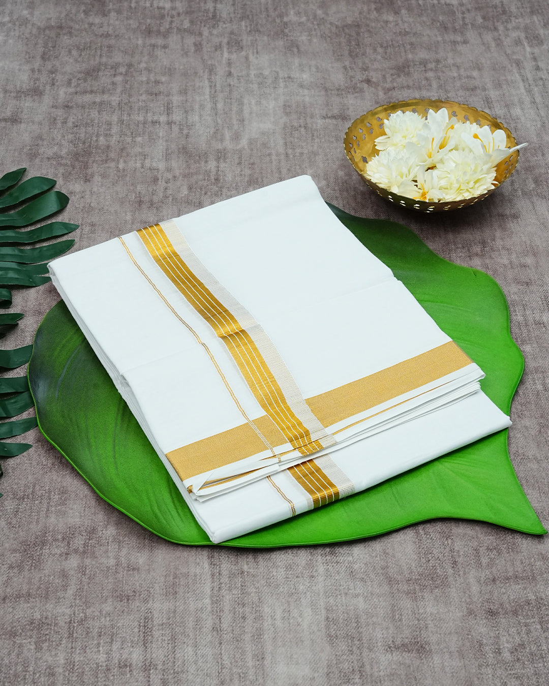 Off White Colour Cotton Double Dhoti Finished With A Classic Striped Gold kara.