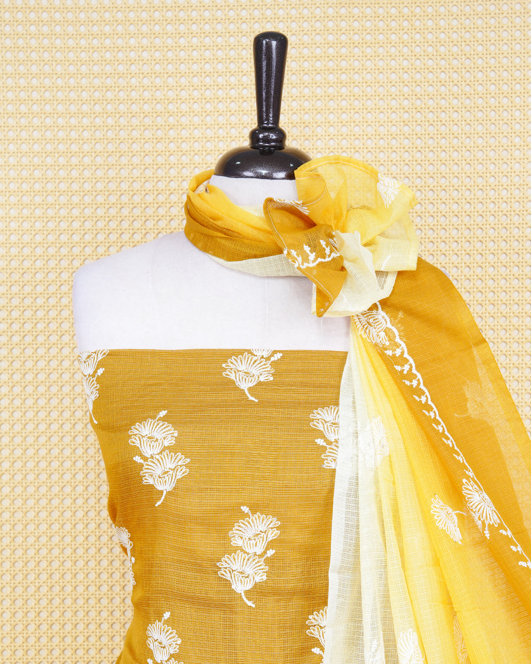Goldenrod Colour Net Kotta Salwar material Featuring White Thread Work On Body, Paired With Matching Bottom & Elegant Dupatta