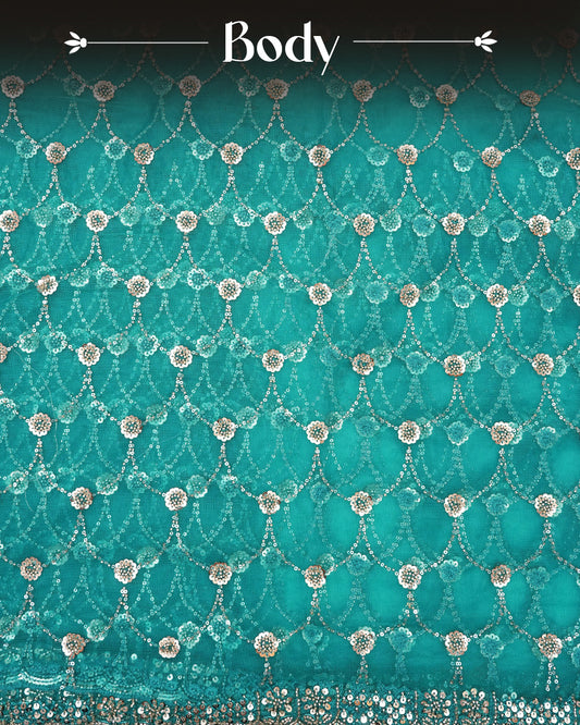 Teal colour Net Designer saree featuring Beats & Sequins geometric Pattern on body & worked border, comes with matching blouse piece.
