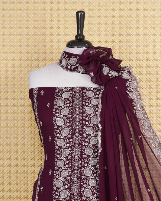 Burgundy colour Georgette Salwar Material Featuring Gold Thread Work on body, paired with matching Bottom & Elegant Dupatta.