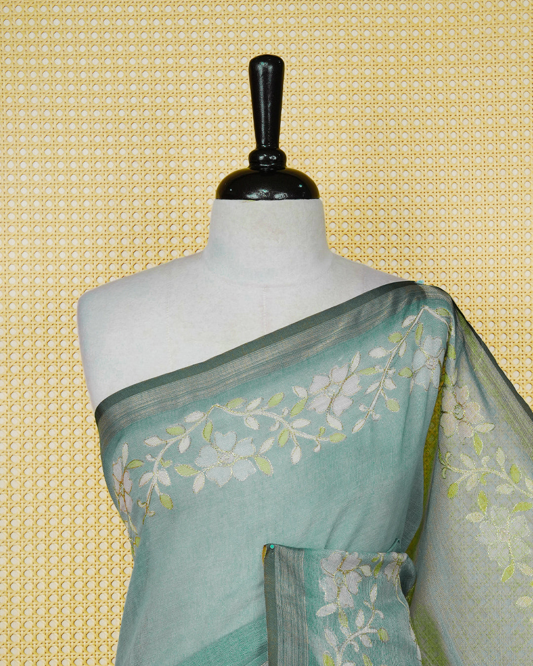 Pastel Teal Green colour linen Tissue BKU inspired Saree.
