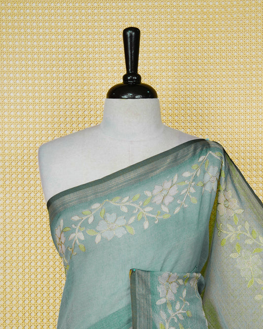 Pastel Teal Green colour linen Tissue BKU inspired Saree.
