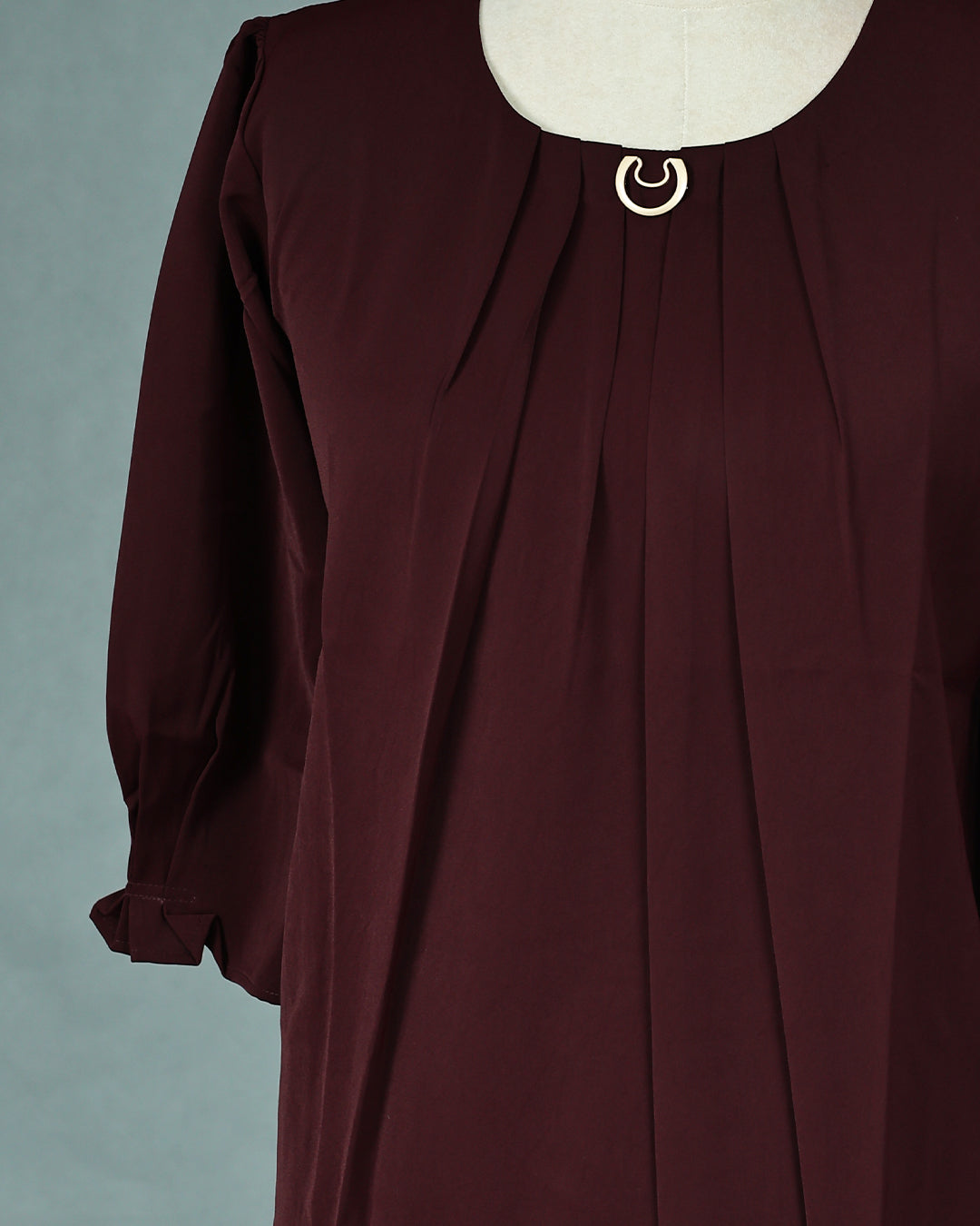 Chocolate colour Top with Plain with Pleats on body, Round neck design, With sleeve.