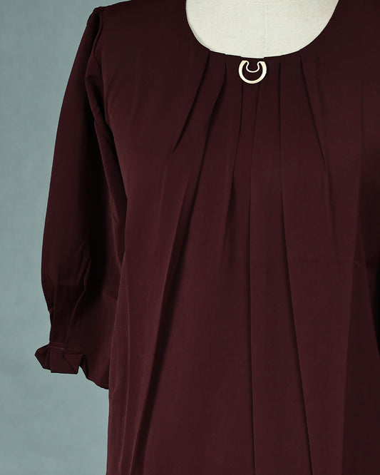 Chocolate colour Top with Plain with Pleats on body, Round neck design, With sleeve.