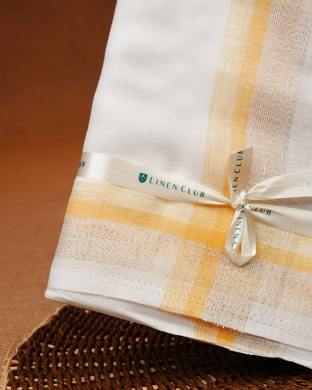 White colour Pure Linen Double dhoti With Light yellow border.