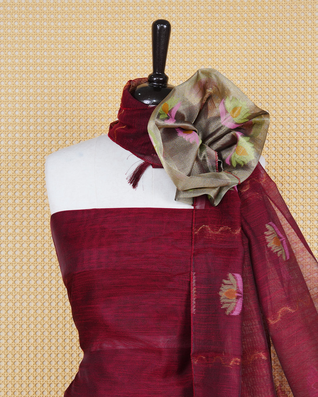 Dark Meroon and Gold Colour Semi Linen Material Featuring Floral Thread Pattern Plain Body, Paired with Matching Bottom & Elegant Dupatta