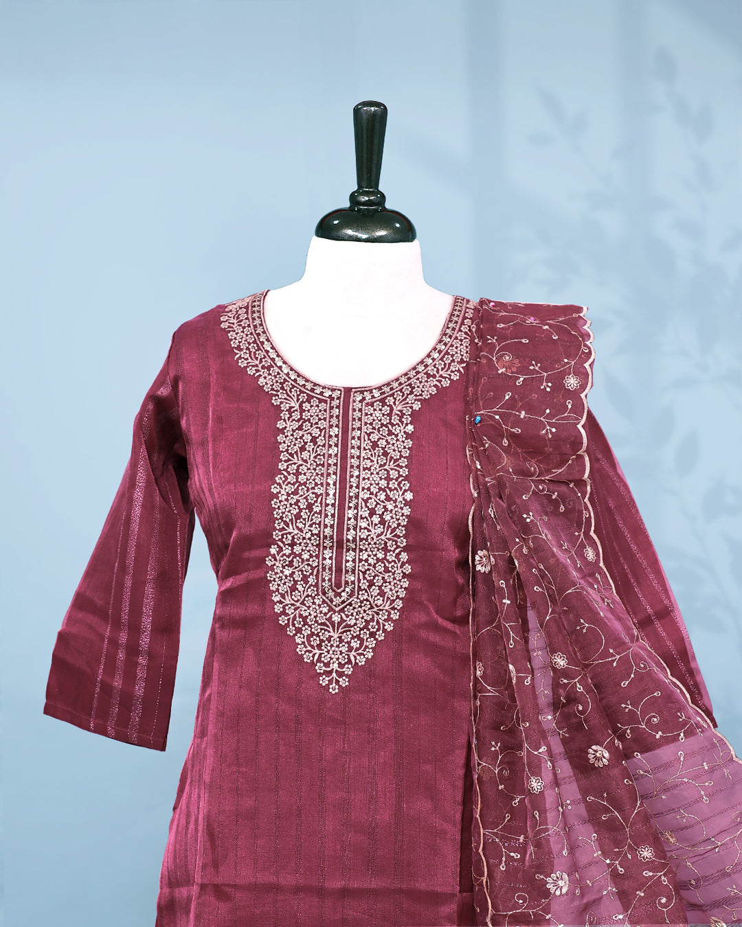 Maroon colour salwar set with Sequins & thread work on top, paired with matching bottom & Dupatta.