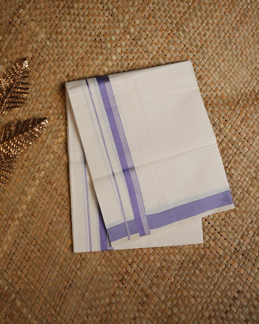 Cream colour cotton single dhoti featuring Lavender colour With silver zari border.