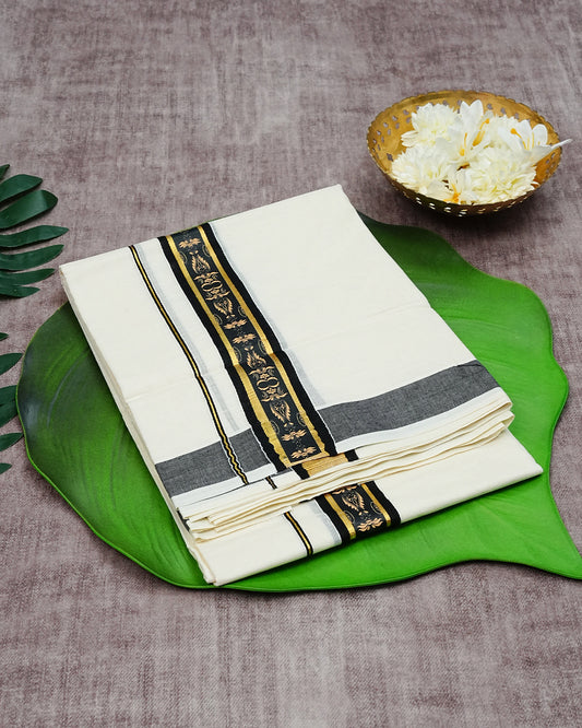 Cream Coloured Cotton Double Dhoti Finished with Cream Design  Prints on Black & Gold Kara