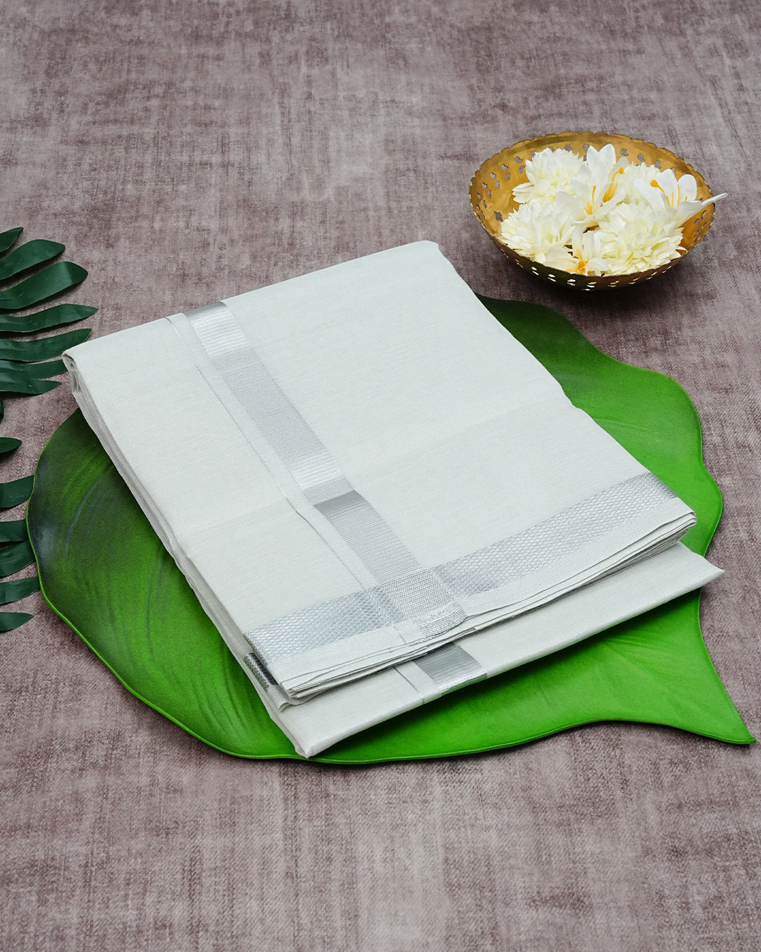 Silver  colour tissue double dhoti featuring  silver kasavu zari border
