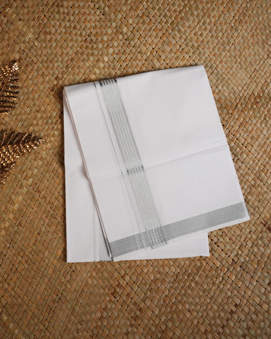 White colour cotton single dhoti featuring Silver Kasav border.