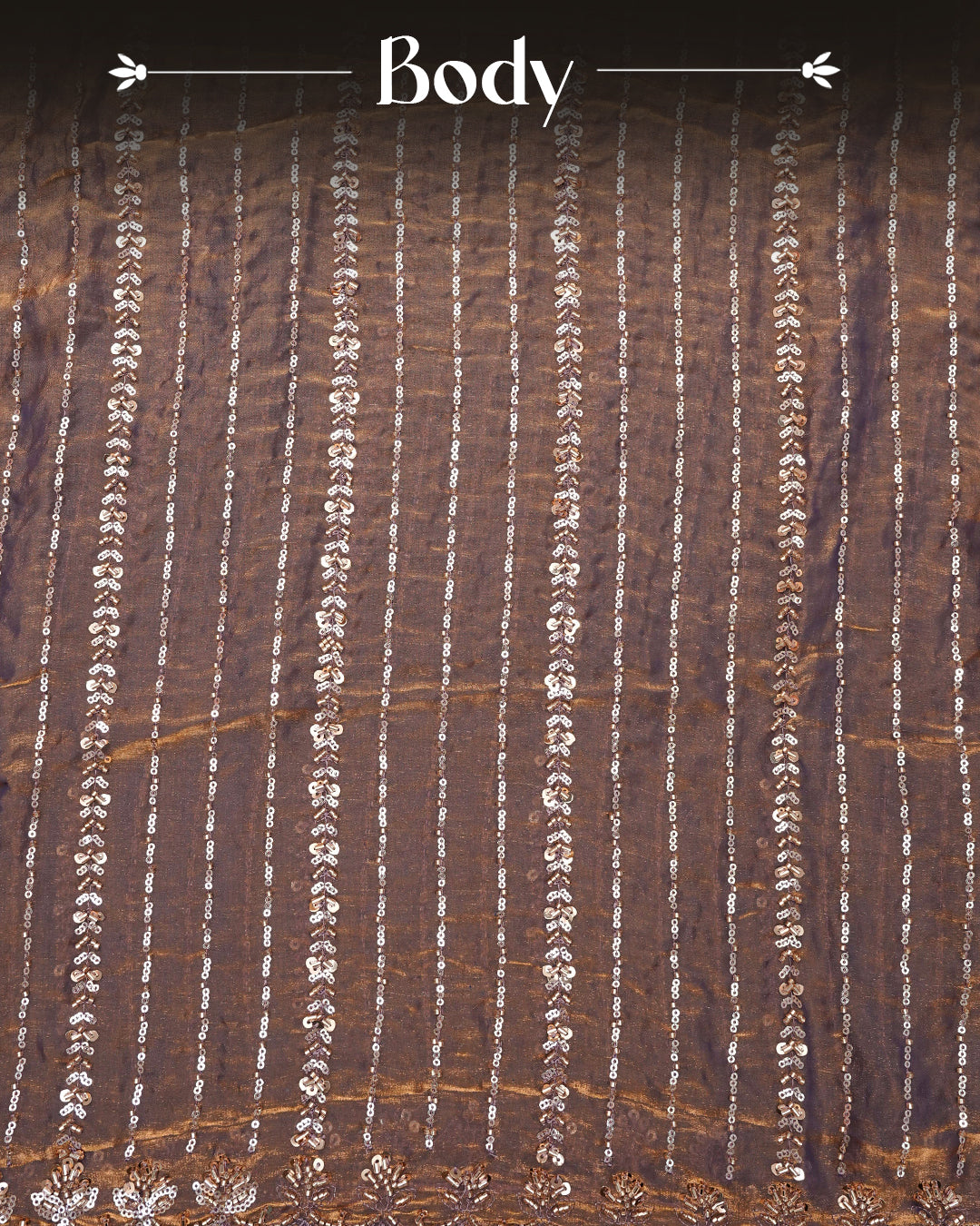Brown colour Velvet chiffon designer saree featuring Sequins & cut beats strips on body and scallop border, comes with matching blouse piece.