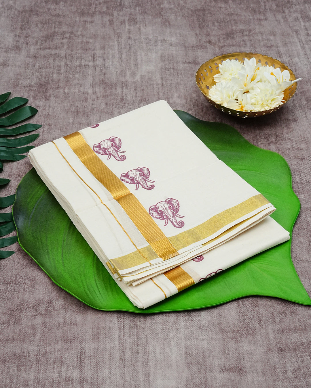Cream Coloured Cotton Double Dhoti Finished with Magenta Elephant Prints & Gold Kara