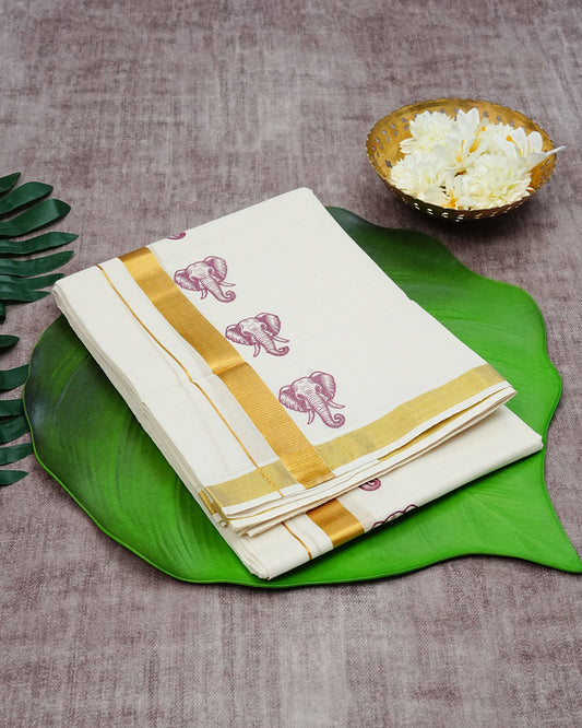 Cream Coloured Cotton Double Dhoti Finished with Magenta Elephant Prints & Gold Kara