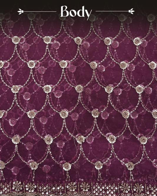 Purple colour Net Designer saree featuring Beats & Sequins geometric Pattern on body & worked border, comes with matching blouse piece.
