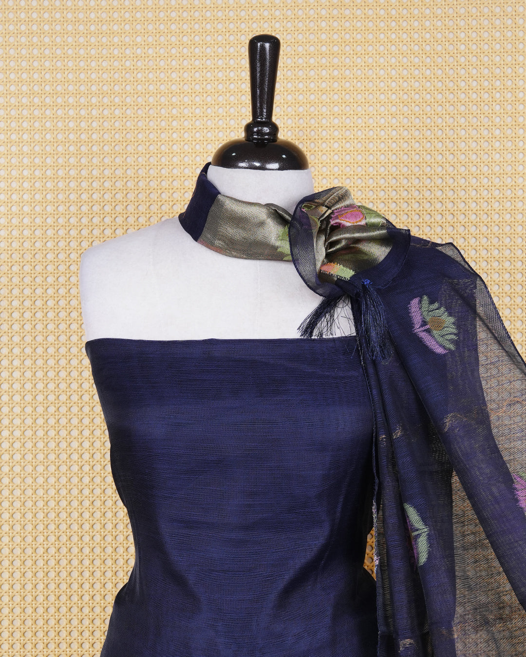 Navy Blue and Gold Colour Semi Linen Material Featuring Floral Thread Pattern Plain Body, Paired with Matching Bottom & Elegant Dupatta