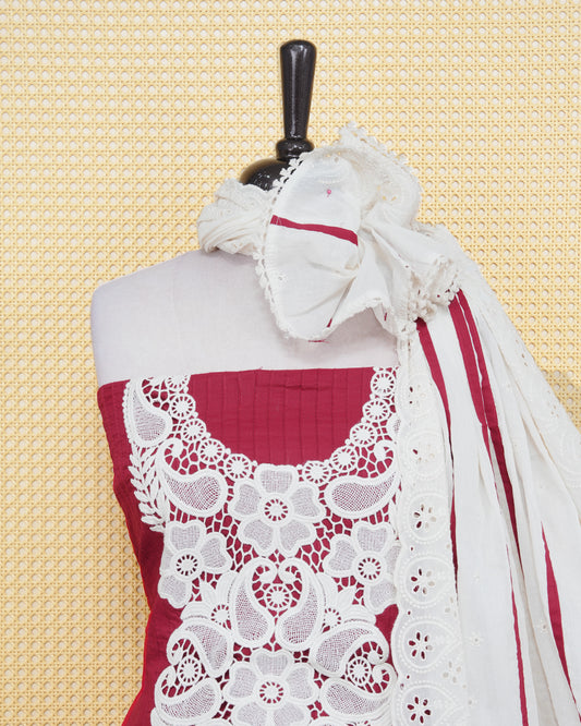 Red Colour Salwar Material Featuring White Thread Work on body, Paired With Matching Bottom & Elegant Dupatta