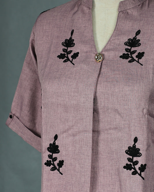 Dusty Lavender colour Black Thread work on body, V with Collar Neck design, With sleeve.
