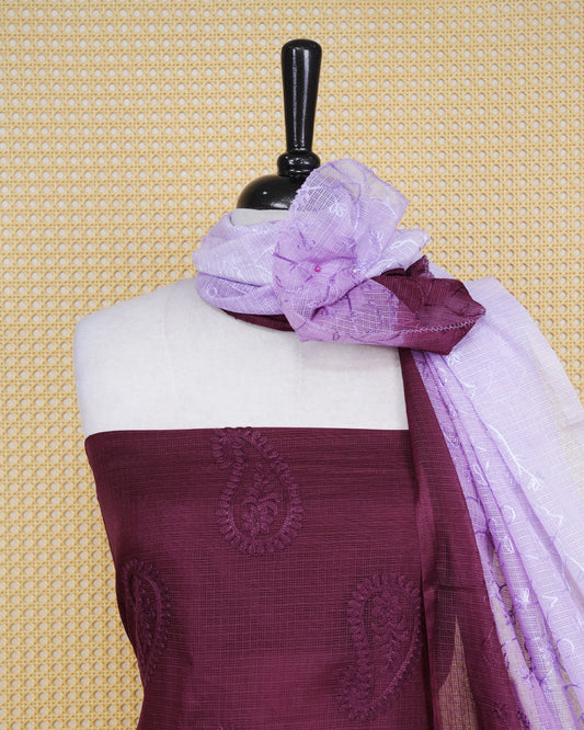 Wine & purple Colour Net Kota Material Featuring Floral Thread Pattern on Body,  Paired with Matching Bottom & Elegant Dupatta