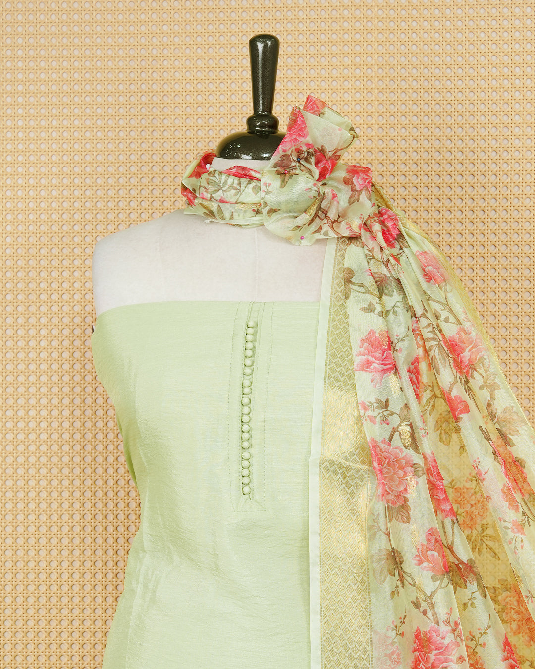 Sage Green Colour Organza Salwar Material Featuring Plain Body, Paired With Matching Bottom & Elegant Dupatta.