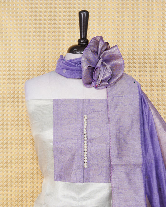 Cream colour Tissue salwar material featuring Plain Body Design without border, lavender colour work on neck portion, paired with matching bottom and elegant dupatta.