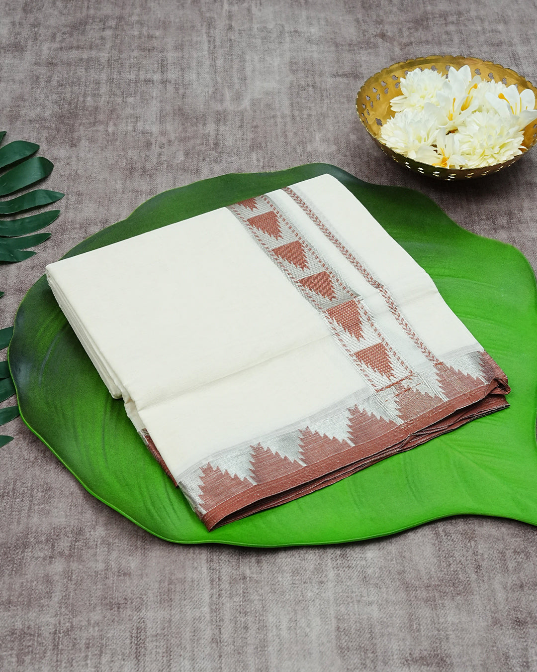 Cream Coloured Cotton Double Dhoti Finished with Brown Colour Temple Designed Silver Kara