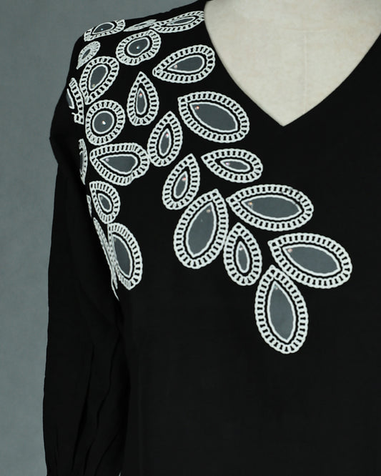 Black colour Top with Thread work on body, V Neck design, With sleeve.