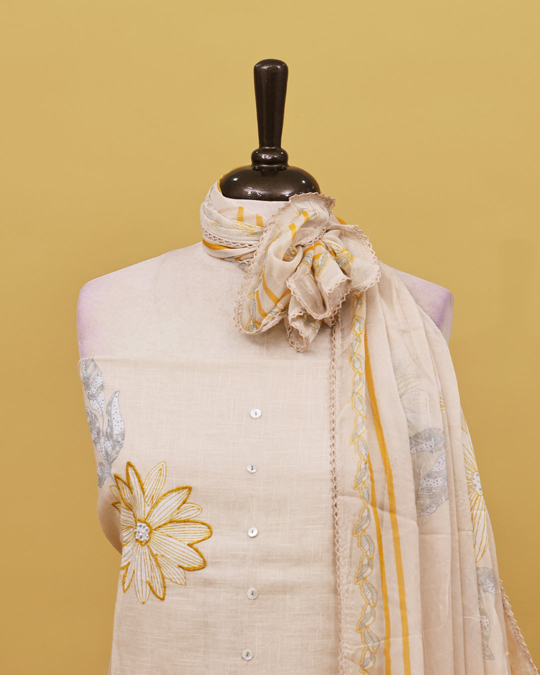 Light Yellow colour Linen Salwar material with Thread With print work on body, matching bottom & Dupatta.