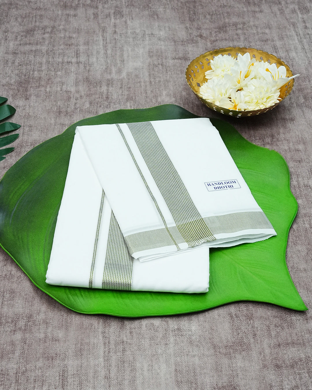 Off White Colour  Handloom Cotton Double Dhoti Finished With A Green & Silver Striped kara.