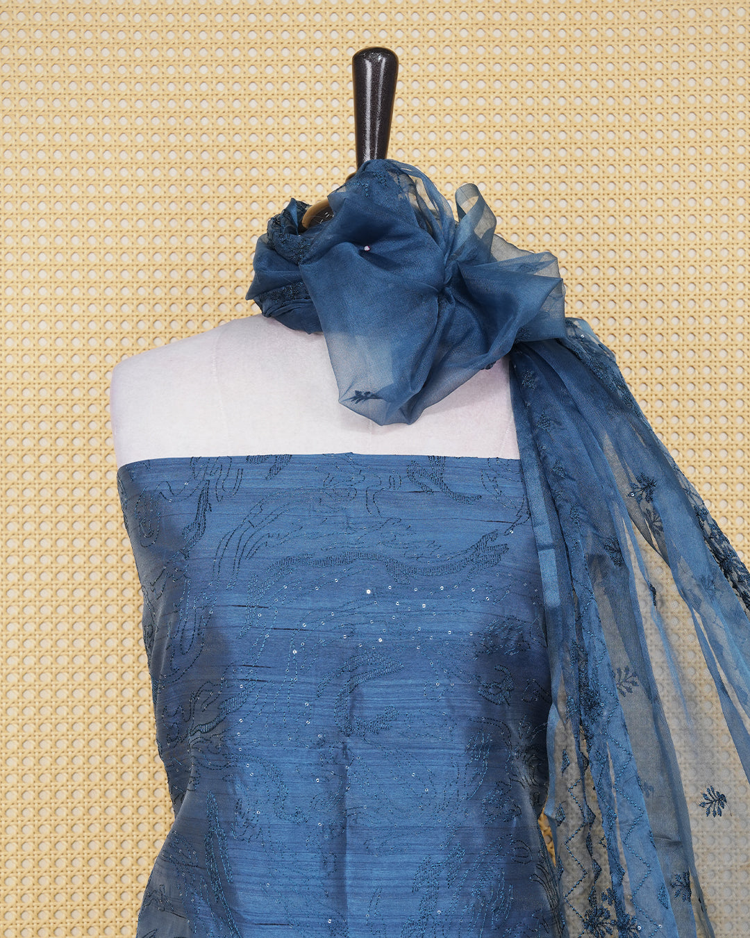 Dusty Blue colour silk cotton Salwar material featuring Thread design Body without border, paired with matching bottom and beautiful dupatta.
