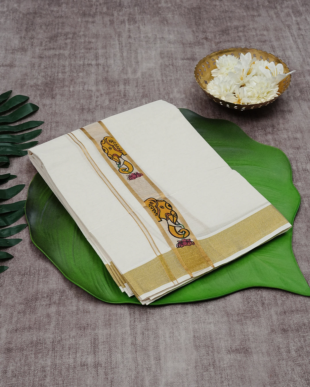 Cream Coloured Cotton Double Dhoti with Elephant & Lotus Printed Gold Kara