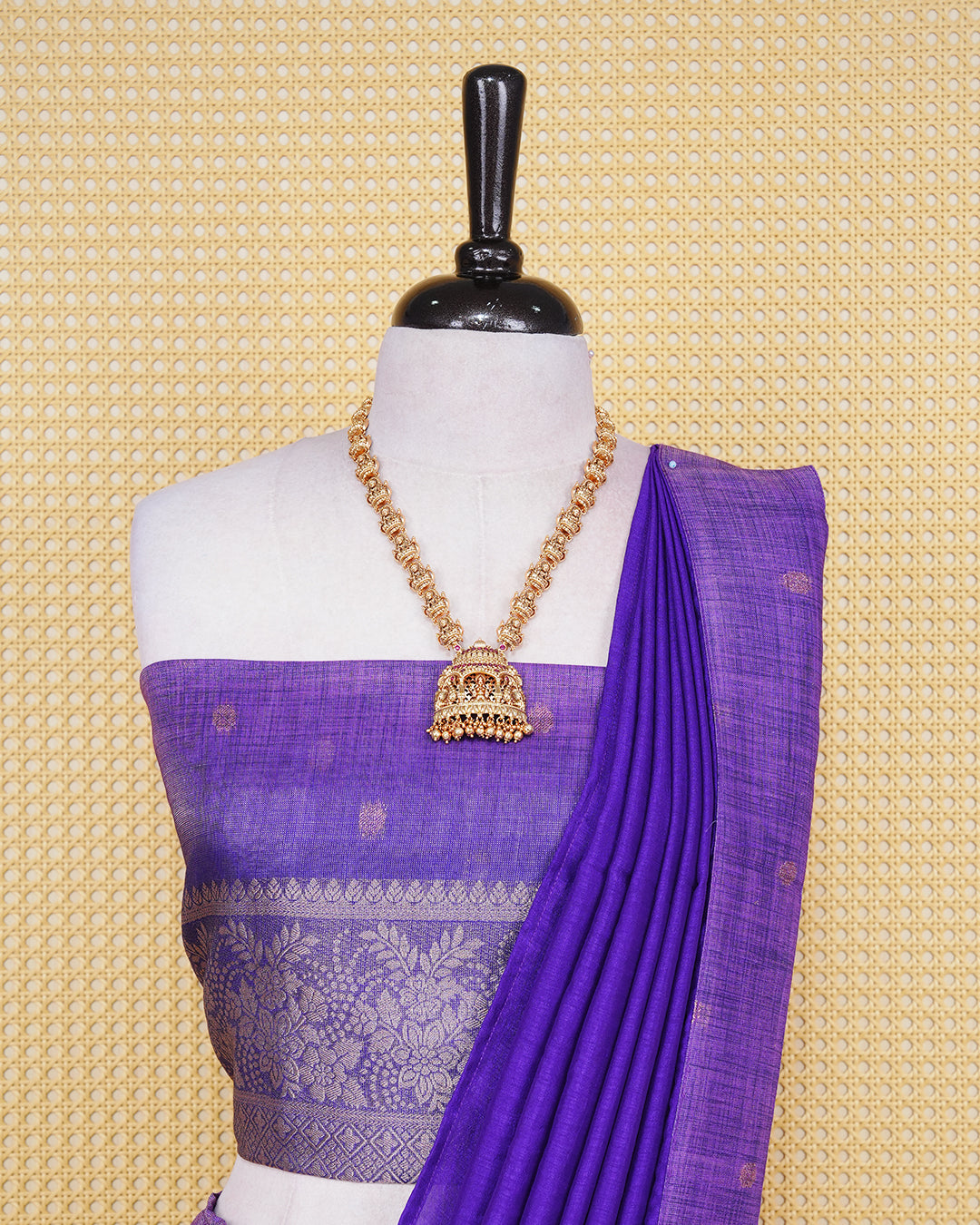 Orchid purple & royal violet colour Linen Silk Semi stitched dhavani set featuring buttas, zari bordered skirt & blouse piece and dupatta.