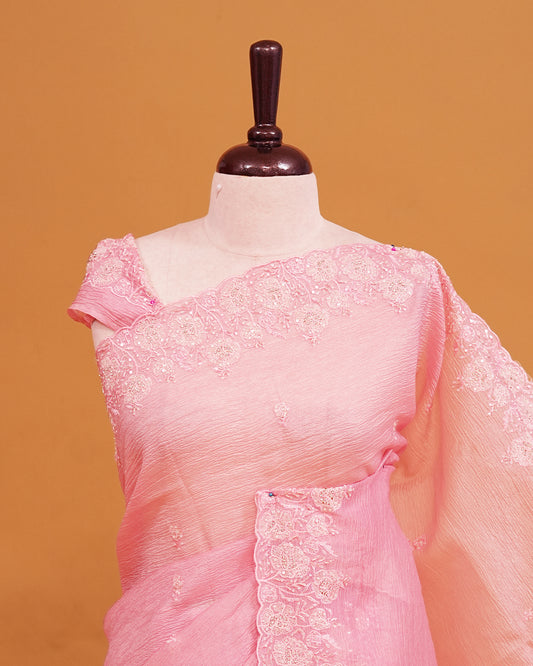 Baby Pink colour Crush organza saree with Cut Beats & Sequins.