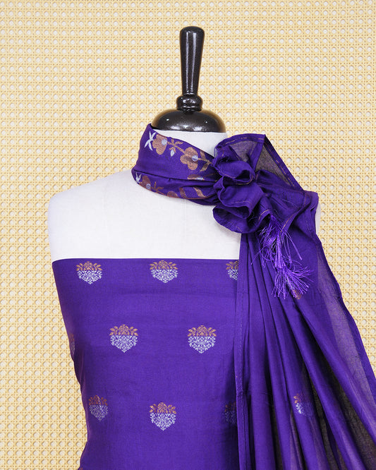 Deep purple colour Banaras Salwar material Featuring Gold & silvar zari floral motifs on body, paired with matching bottom & Elegant Dupatta
