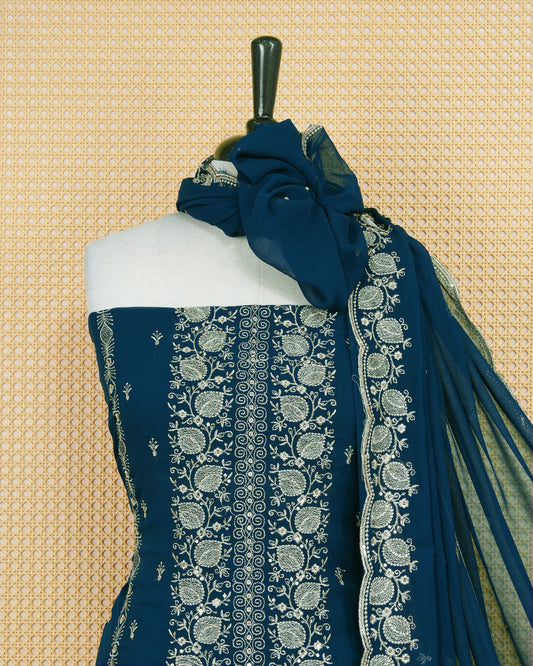 Teal Blue colour Georgette Salwar Material Featuring Gold Thread Work on body, paired with matching Bottom & Elegant Dupatta.