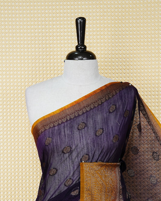 Dark purple colour semi linen saree thread motifs on body, contrast light gold colour gold zari border, rich pallu comes with matching blouse piece