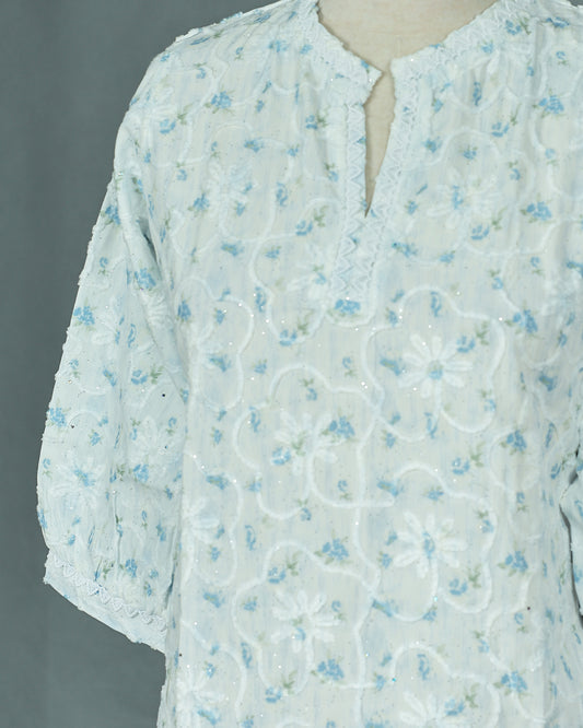 Light Blue colour Thread work on body, Round with Slit neck design, With sleeve.