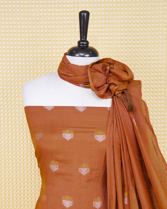 Burnt Orange Colour Banaras Salwar Material Featuring Floral Thread Pattern on Body, Paired with Matching Bottom & Elegant Dupatta