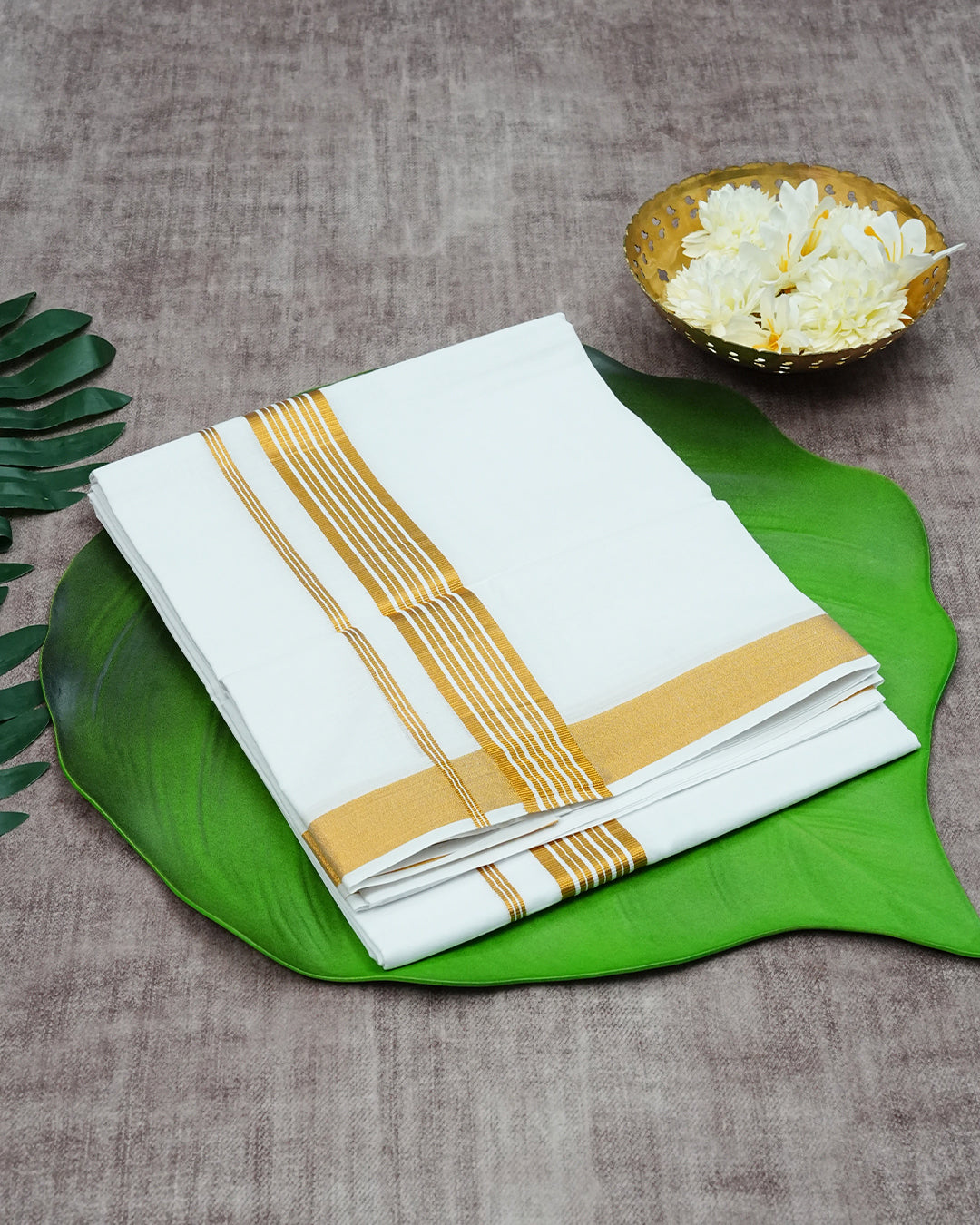 Off White Colour Cotton Double Dhoti Finished With A Classic Striped Gold kara.