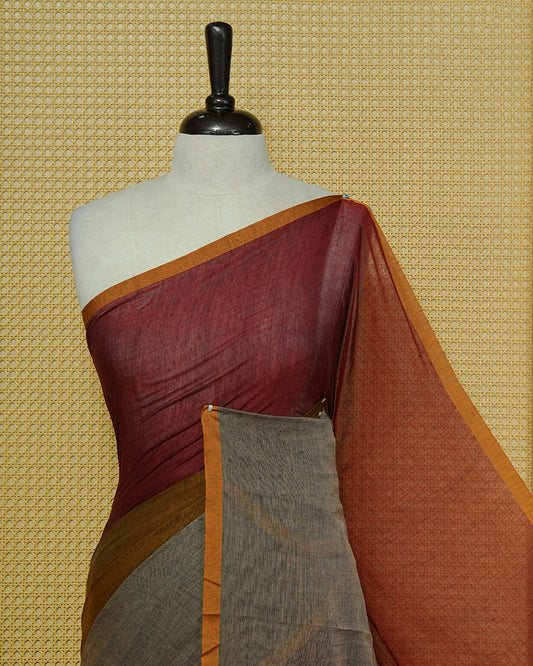 Maroon, Grey & Olive Triple-Shade Mul Cotton Saree, complemented by a contrast-coloured border & tassels.