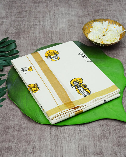 Cream Coloured Cotton Double Dhoti Finished with Onam Themed Prints & Gold Kara