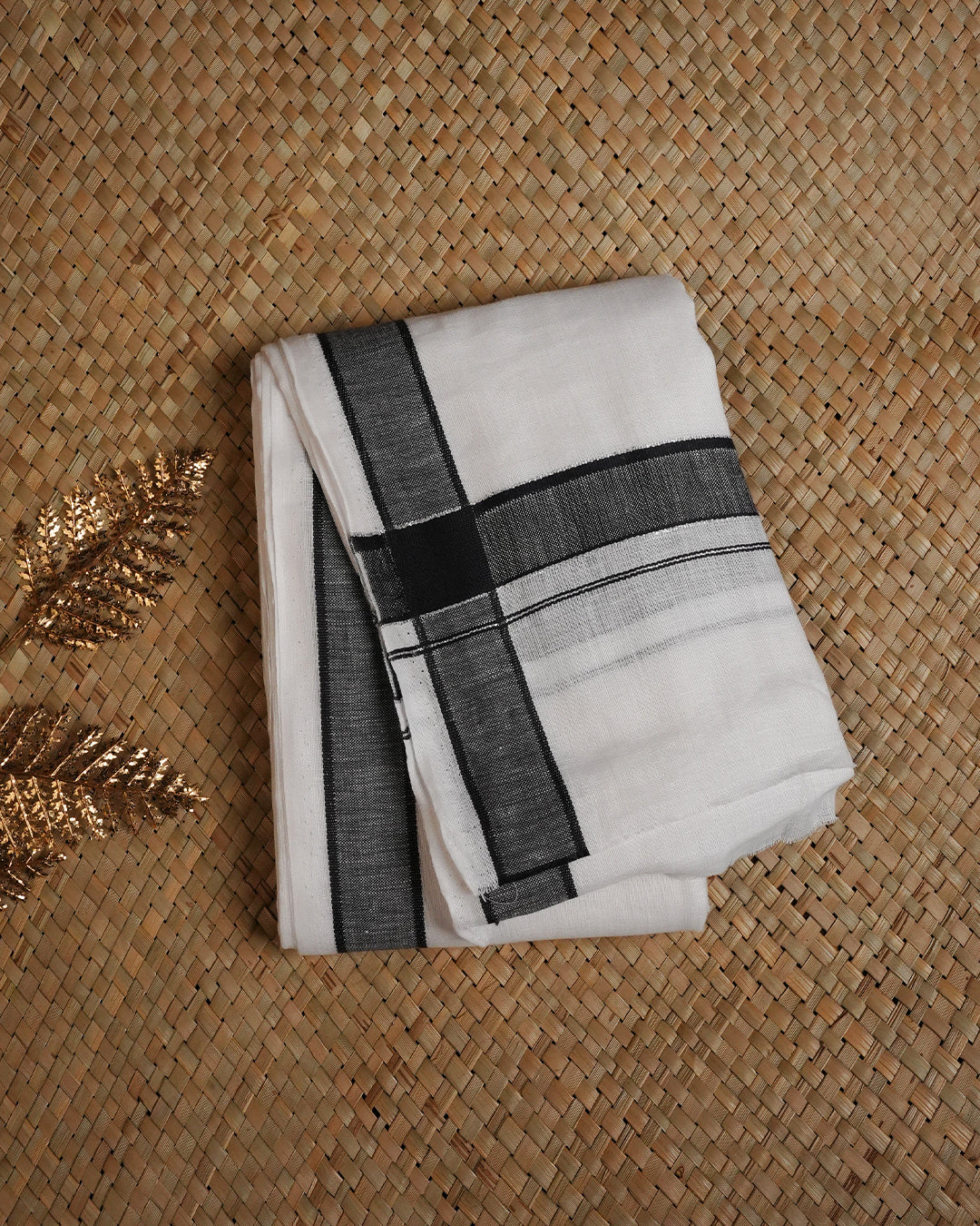 White colour Pure linen Double dhoti featuring Black colour border.